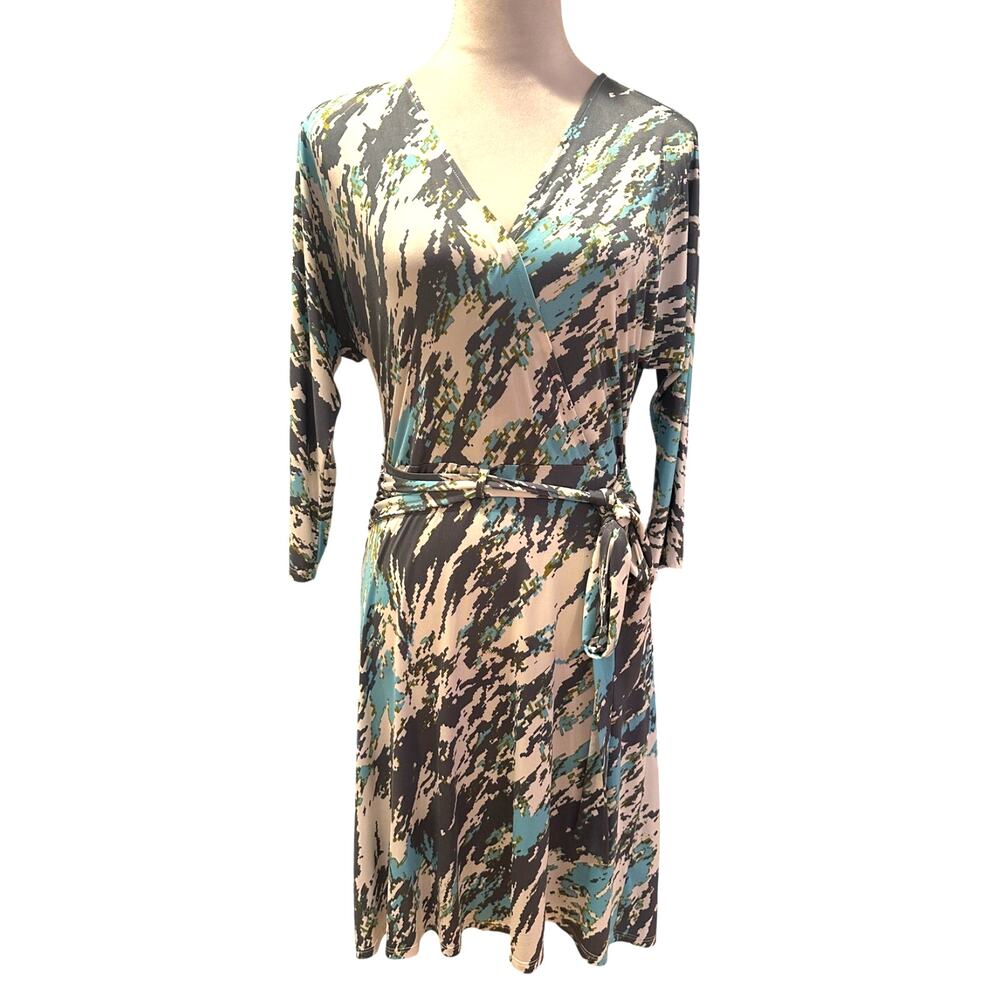Veronica M Faux Wrap Midi Dress Long Sleeve White Gray Blue Pattern S Excellent